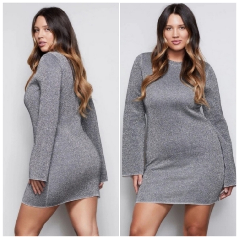 NWT Good American Metallic Silver Bell Sleeve Body Con Mini Dress